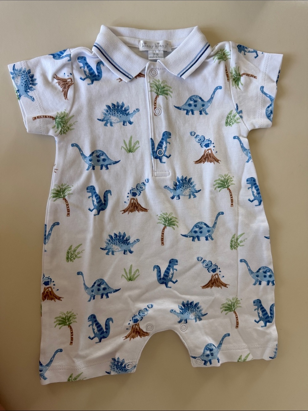 Kissy Kissy White Polo Romper with Blue Dinosaur Print
